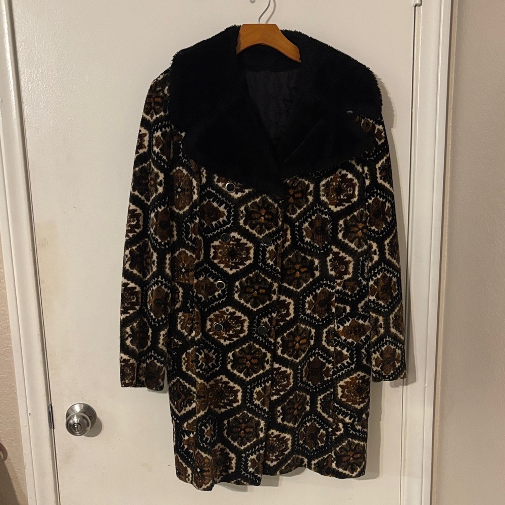 Womens Brown DRAPE JACKET Faux-Fur Collar Coat